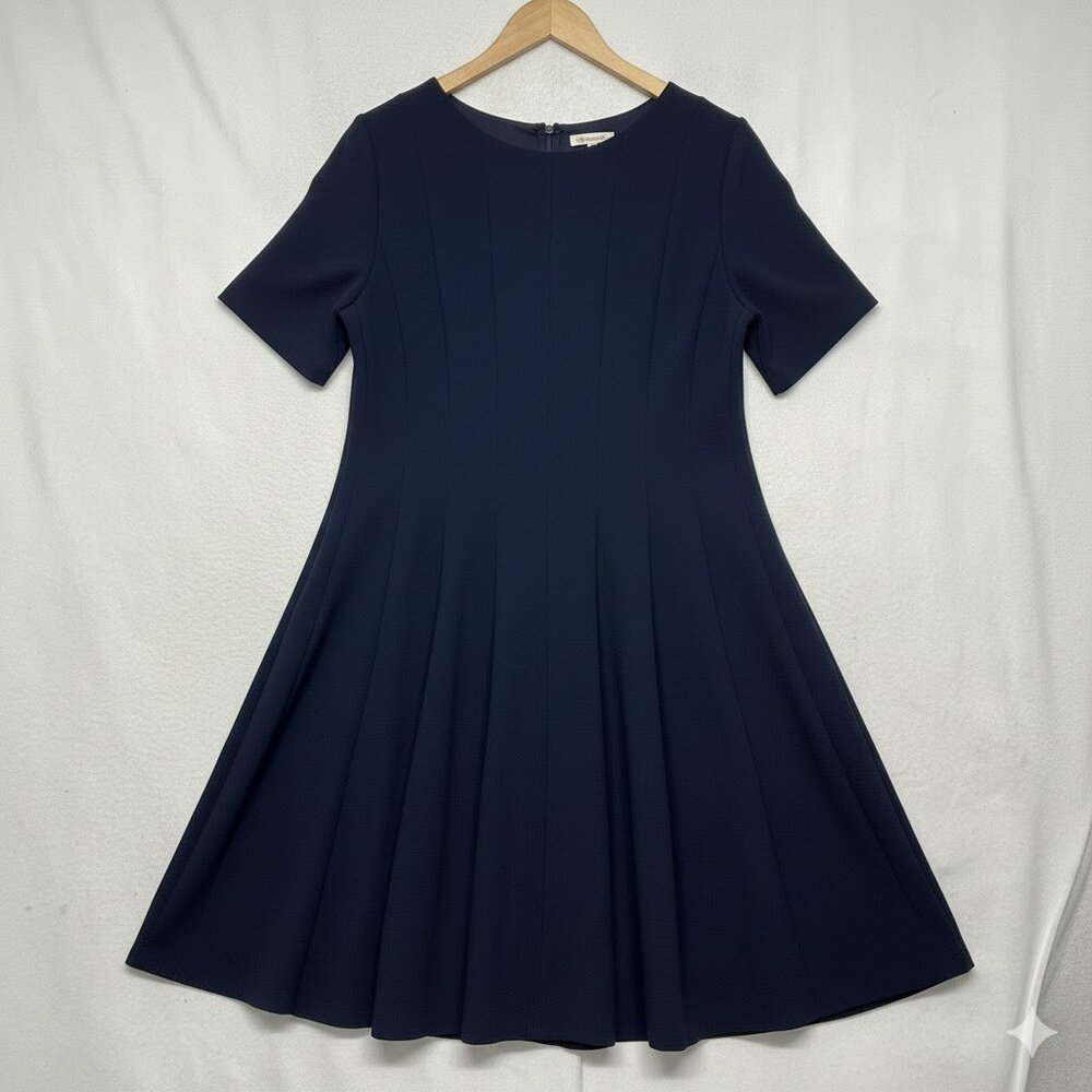 Plus Size Lands End Modest Navy Ponte Fit and Flare Dress w/ Elbow Sleeves - 20W